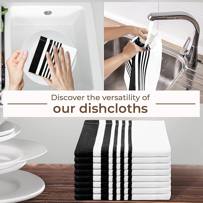 Urban Villa Dish Cloths 100% Cotton Pack of 8, Highly Absorbent Quick Drying Super Soft Premium Dish Towels for Kitchen with Hanging Loop Hand & Tea Towels - 12x12 Inch, (Black & White, Striped)