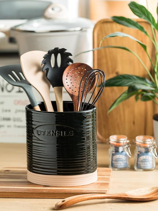 YHOSSEUN Black Utensil Holder, Ceramic Utensil Holder for Kitchen Counter, 6.7" Halloween Utensil Crock for Kitchen Tools Utensil Caddy, Oval Shape