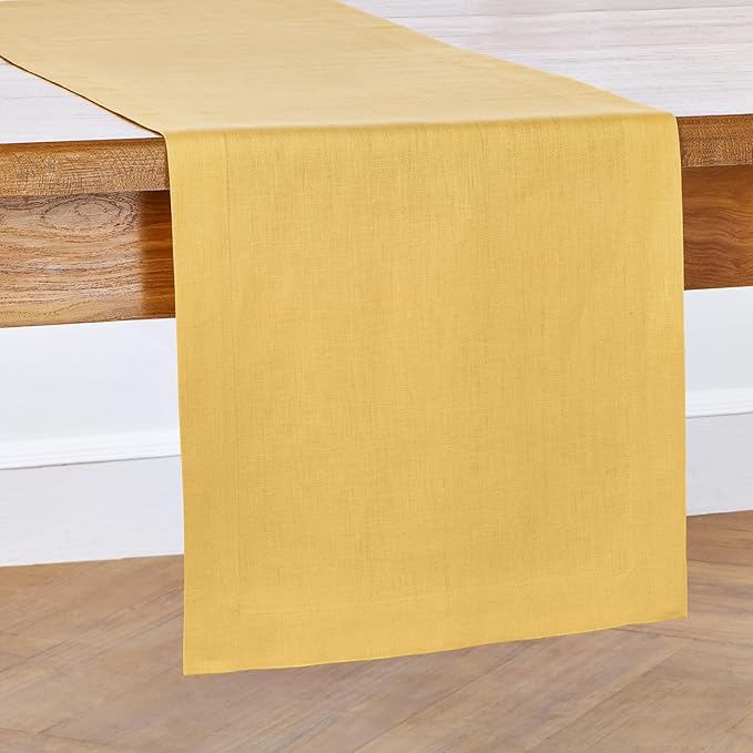 Solino Home Linen Mustard Yellow Table Runner 36 Inches - 100% Pure Linen Farmhouse Short Table Runner 14 x 36 Inch Ideal for Dresser and Coffee Tables - Summer - Fete