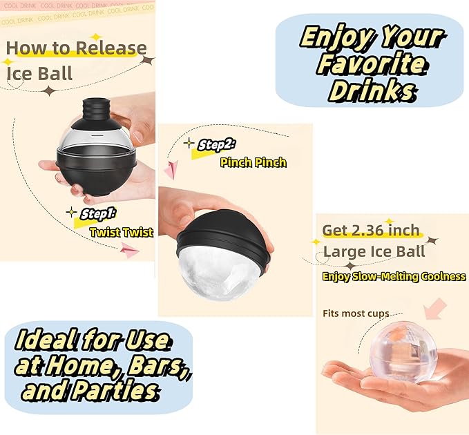 【Set of 4】 Ice Ball molds for cocktails, Bourbon, Whiskey Round Silicone Sphere Ice Molds with Funnel, Large Ice Cube Maker 2.4 Inch Ice big Balls trays, 2-in-1 Funnel Lid W-K8 (Deep Green)