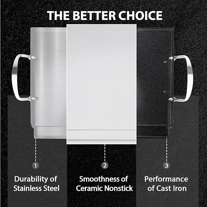 Utheer 17" x 13" Ceramic Nonstick Stainless Steel Griddle for Gas Grill, Charcoal, Oven, Stove Top Griddle, Non-Toxic, PFAS/PFOA/PTFE Free, Oven Up to 500°F, for BBQ, Camping & Kitchen, Sliver