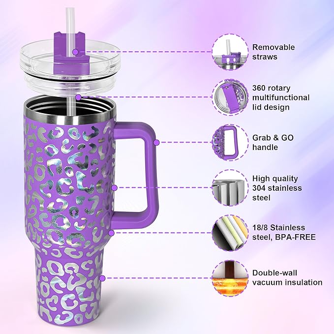 sweet grain 40 oz Tumbler with Handle and Straw, Stainless Steel Purple Leopard Print Tumbler with Handle, Double Vacuum Leopard Cup, Keeps Drinks Cold Up to 24 Hours