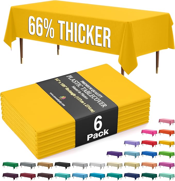 Exquisite 66% Thicker Premium Plastic Table Cloth Rectangle Table Cover 0.5 Mil 6 Pack Yellow Table Cloth 54 Inch x 108 Inch Disposable Tablecloth Won't Tear Easily Like Cheap Thin Brands