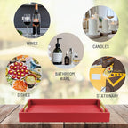 17" x 12" Wood Serving Tray with Gold Polished Metal Handles, Home Decorative Wooden Rectangle Ottoman Leather Decor Platter Bathroom Vanity Tray for All Occasions Red