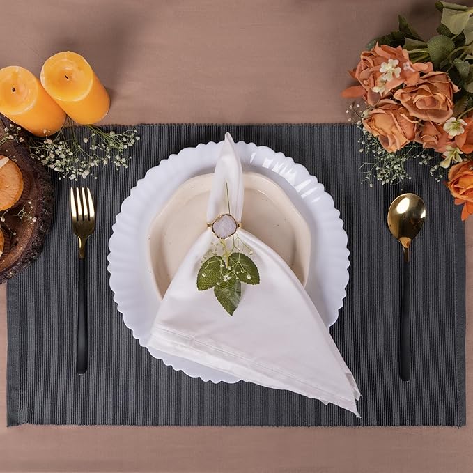 Charcoal Grey Placemats Set of 6, Cotton Ribbed Tabletop, Non-Slip Wrinkle Free Kitchen Table Mats for Dining Table, 13x19 Inch