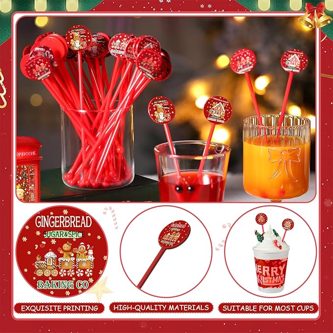 Meanplan 60pcs Christmas Swizzle Sticks Christmas Cocktail Stirrers Plastic Stir Sticks Xmas Santa Claus Snowman Decorations for Birthday Party Coffee Shop Supplies Favors Gifts (Gingerbread)