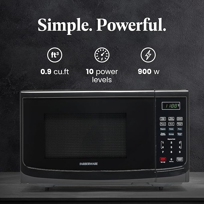 Farberware FM09BKA Compact Countertop Microwave Oven 0.9 Cu. Ft. 900-Watt with LED Lighting, Child Lock, Easy Clean Grey Interior, Black