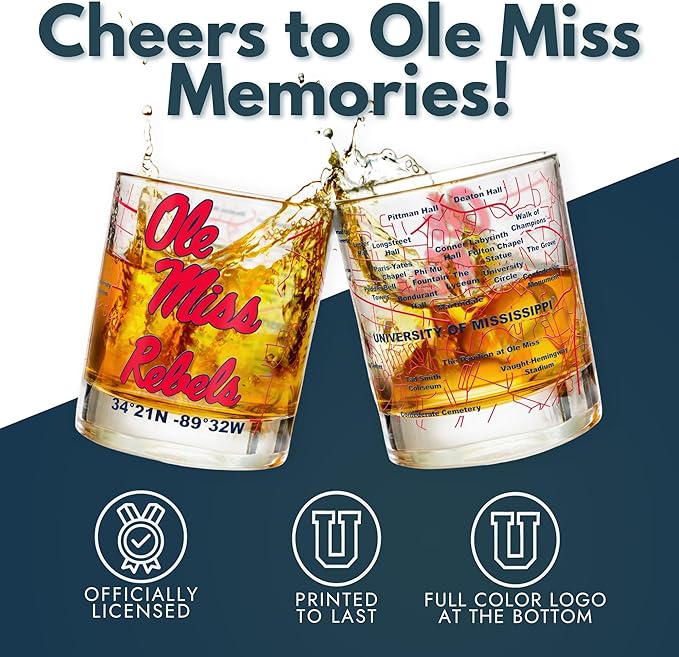 Greenline Goods – University of Mississippi Rebels College Whiskey Glasses (Set of 2), 10 oz – Full-Color Logo + Campus Map
