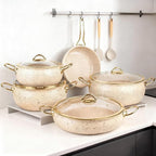 Fully Clad 5-Ply Stainless Steel Cookware Set, 12Pcs Nonstick Pots and Pans Set with Stay-Cool Handles, Induction Compatible, Stackble Design, Includes with Frying Pan, Saucepans and Saute Pan (Beige)