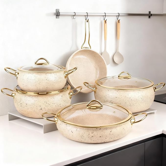 Fully Clad 5-Ply Stainless Steel Cookware Set, 12Pcs Nonstick Pots and Pans Set with Stay-Cool Handles, Induction Compatible, Stackble Design, Includes with Frying Pan, Saucepans and Saute Pan (Beige)