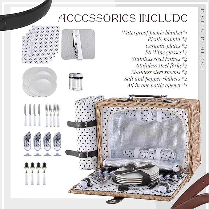 Picnic Basket Set for 4 with Waterproof Blanket Mat Insulation Bag Wicker Classic White Black Polka Dots Elegant Gift for Wedding Birthday Summer Camp Outdoor Camping Beach Travel Christmas