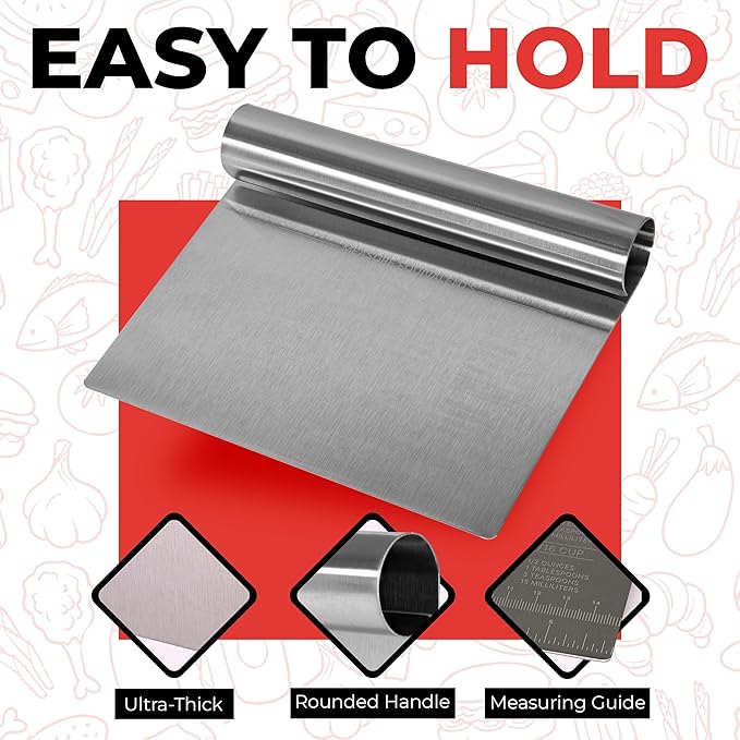 Bench Scraper for Baking, Food Scraper Stainless Steel Blade Dough Cutter with Engraved Measuring Guide & Equivalent Chart, Scraper Tool kitchen Use for Scrapping, Cutting, Chopping, 2 Pack -by RamPro