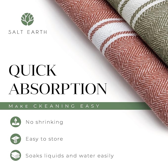 Salt Earth Kitchen Towels Cotton Dish Towel Size 24x14 Inches Set of 6 100% Ring Spun Cotton Absorbent Quick Dry Herringbone Weave Lint Free Washable Dishcloth Hanging Loop Multiple Color Stripe