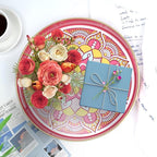 Round Pink Decorative Tray for Coffee Table, Ottoman, 13” Plastic Serving Platter Tray with Handles for Entertaining, Living Room