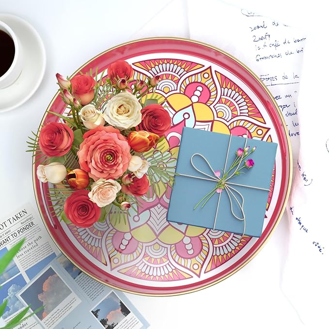 Round Pink Decorative Tray for Coffee Table, Ottoman, 13” Plastic Serving Platter Tray with Handles for Entertaining, Living Room