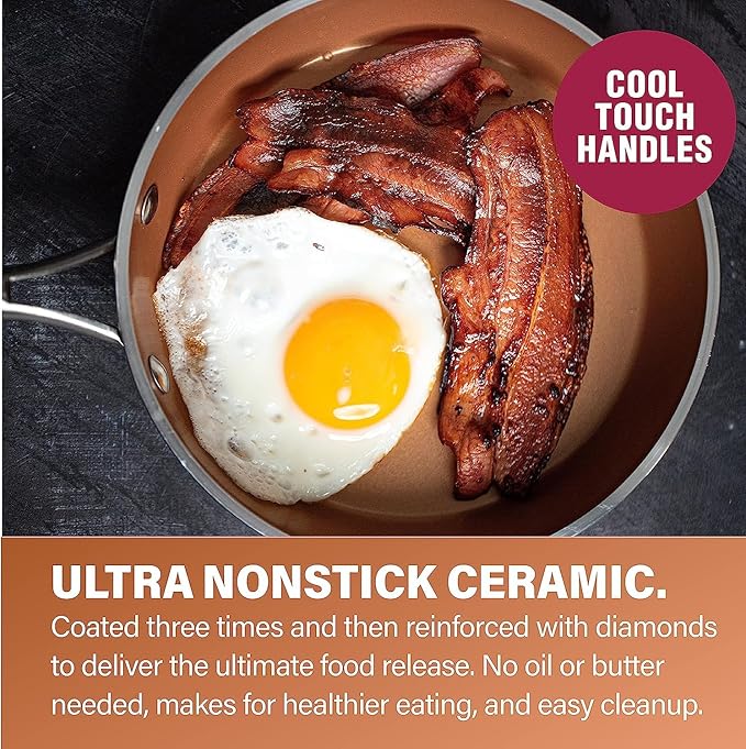 Gotham Steel Hammered Copper 10 Pc Pots and Pans Set Non Stick Cookware Set, Non Toxic Ceramic Cookware Set, Kitchen Cookware Sets with Induction Cookware, Pot and Pan Set, Oven/Dishwasher Safe