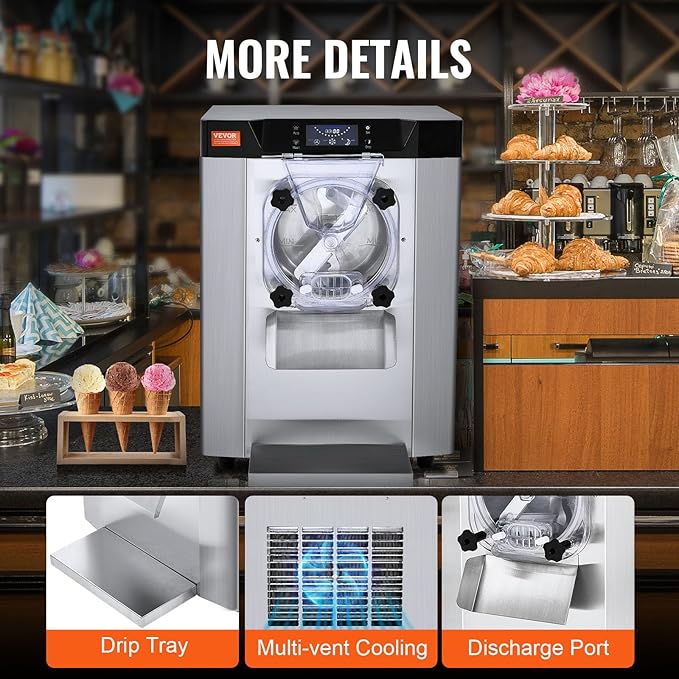 VEVOR Commercial Ice Cream Machine, 12 L/H Yield, 1713W Single Flavor Countertop Hard Serve Ice Cream Maker, 4.5L Stainless Steel Cylinder, LED Panel Auto Clean Pre-cooling, for Restaurant Snack Bars