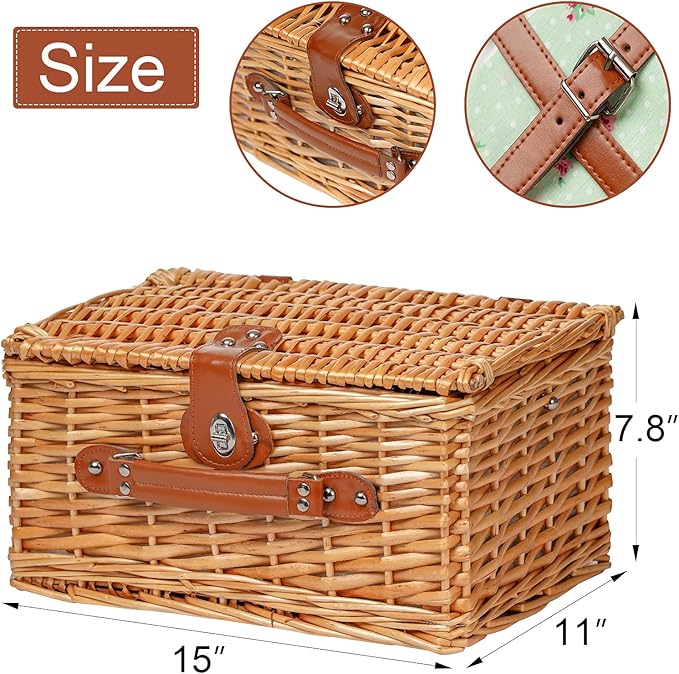 Wicker Picnic Basket for 2, Handmade Willow Hamper Basket Sets 2 Person Picnic Basket with Utensils Cutlery Perfect for Picnic, Camping