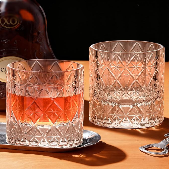 KAMMAK Crystal Whiskey Glass Set of 2, 7.44 oz (220ml) Old Fashioned Tumbler with Delicate Rim & Thick Stable Base, Hand Blown Lead-Free Barware for Scotch, Bourbon, Cocktail, 12-Facet