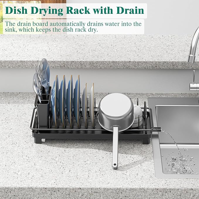 Small Sink Dish Drying Rack with Drainboard, Compact Dish Drainer for Kitchen Countertop, Rustproof Plate Organizer with Utensil Holder, Black