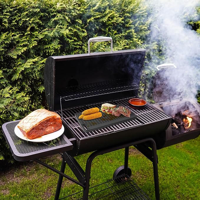 16.75" X 9.5" Reversible Cast Iron Griddle for Gas Grill, Flat Griddle Pan for Gas Stove, Pre-Seasoned Oven Top Grill pan,Upgrade Double Burner Griddle for Indoor & Outdoor Cooking Accessories