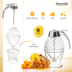 Hunnibi 8oz No Drip Glass Honey Dispenser with Plastic Top - Honeycomb-Style Syrup Server and Bee-Themed Storage Jar with Stand - 6" Clear Container for Honey, Maple Syrup