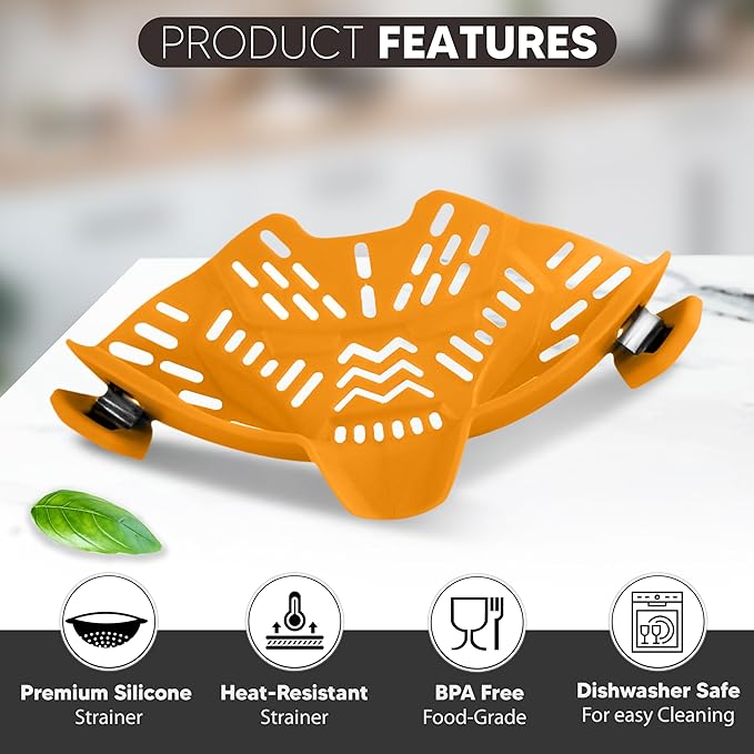 Clip On Strainer, Pot Strainer for Pasta, Vegetables, Fruit and Meat- Kitchen Silicone Strainer Colander for All Pots, Pans and Bowls (Orange)