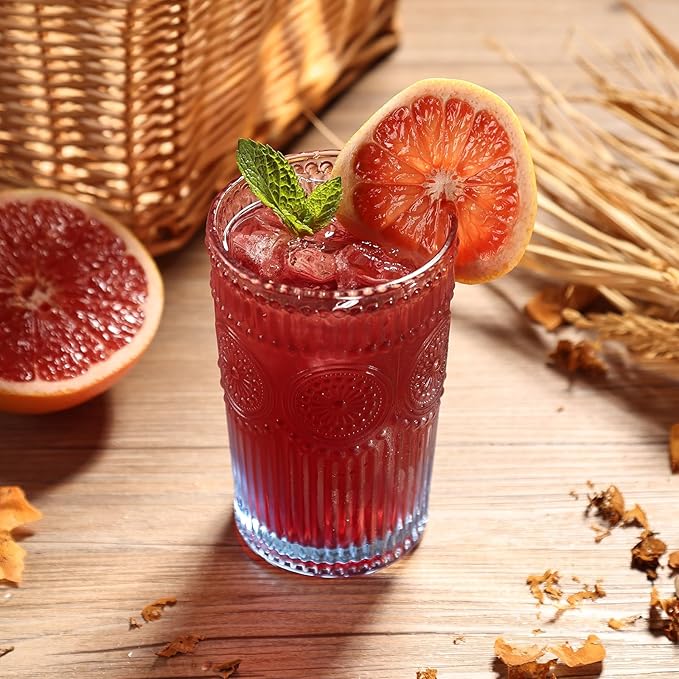 6pcs Vintage Drinking Glasses Set, 12 oz Glass Cups, Embossed Ribbed Glassware Water Tumblers for Cocktail, Water, Juice, Beer, Whiskey