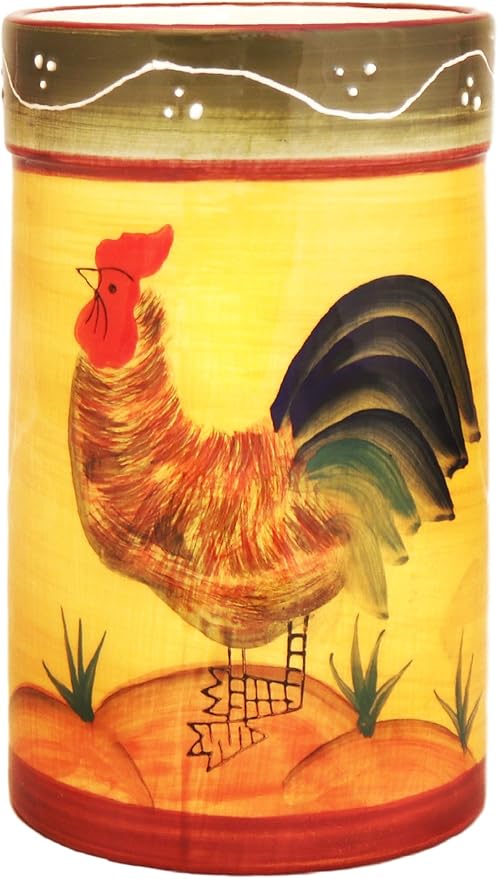 ACK Tuscany Sunshine Country Rooster Hand Painted Ceramic Utensil Jar, Utensil Holder, Utensil Crock, Modern Kitchen Decor, Kitchen Storage for for Spoon, Ladle, Spatula and More