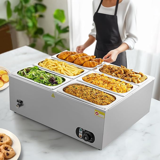 WILPREP Commercial Food Warmer with Six 1/3 Pans, 1500W Countertop Electric Warmer, 86-185°F Adjustable Temp Control & Over-Temp Protection, Stainless Steel Buffet Bain Marie