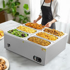 WILPREP Commercial Food Warmer with Six 1/3 Pans, 1500W Countertop Electric Warmer, 86-185°F Adjustable Temp Control & Over-Temp Protection, Stainless Steel Buffet Bain Marie