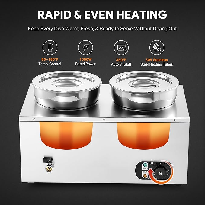 WILPREP Commercial Food Warmer with Two 7.4 QT Inserts, 1500W Countertop Electric Steam Table, 86-185°F Adjustable Temp Control & Over-Temp Protection, Stainless Steel