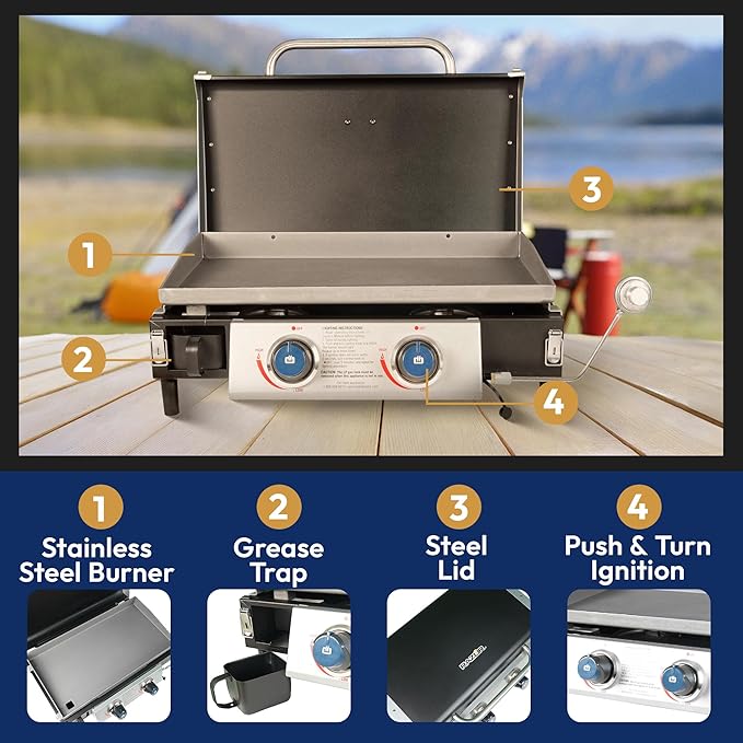 Razor Griddle 25 Inch Outdoor 2 Burner Portable LP Propane Gas Grill Griddle with 318 Square Inches and Top Cover Lid for BBQ Cooking, Black