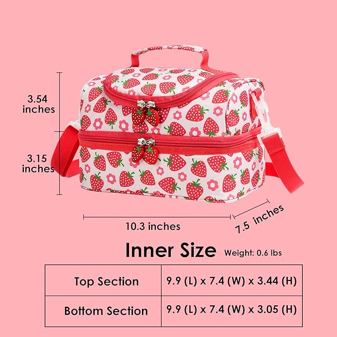 Insulated Kids Dual Compartment Lunch Bags Tote for Girls Boys Toddler Lunch Boxes Pre-School Toddler Kindergarten Picnic Camp Food Cooler Thermal with Strap (Bright Strawberry)