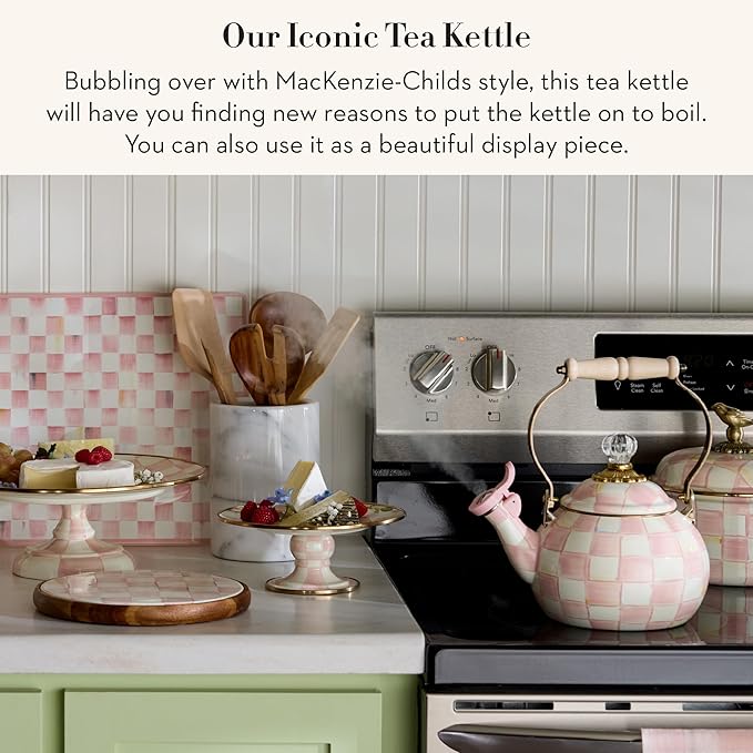 MACKENZIE-CHILDS Enamel Whistling Tea Kettle, Decorative Teapot, Pink-and-White Rosy Check