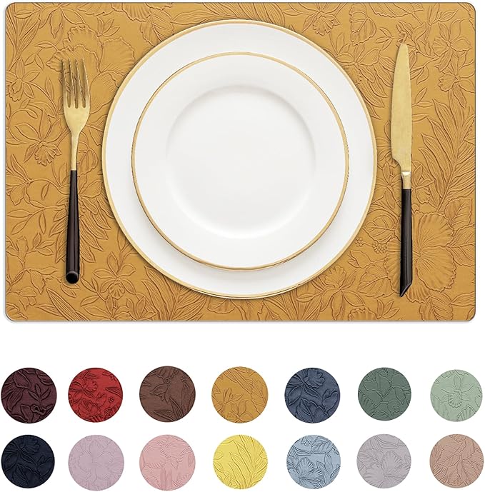 Romanstile Vinyl Placemats Set of 6-12 X 18 Inch - Heat Resistant Non-Slip Embossed Floral Place Mats 100% Waterproof Oilproof Wipeable Faux Leather Table Mats for Kitchen/Dining/Party, Gold