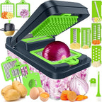 12-in-1 Vegetable Chopper, Kitchen Gadgets with 7 Blades, Veggie, Food, Onion Chopper, Cucumber Slicer, Versatile Mandoline, Includes Egg Separator & Finger Guard, Green