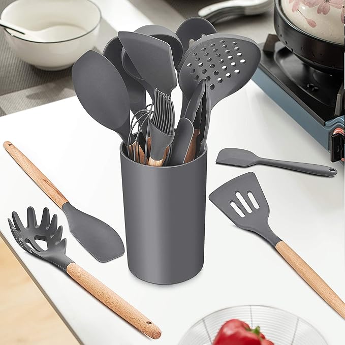 LIANYU 15-Piece Kitchen Silicone Cooking Utensils Set with Holder, Wooden Handle Kitchen Tools Include Spatula Tong Slotted Spoon Turner Whisk Brush, Black Gray