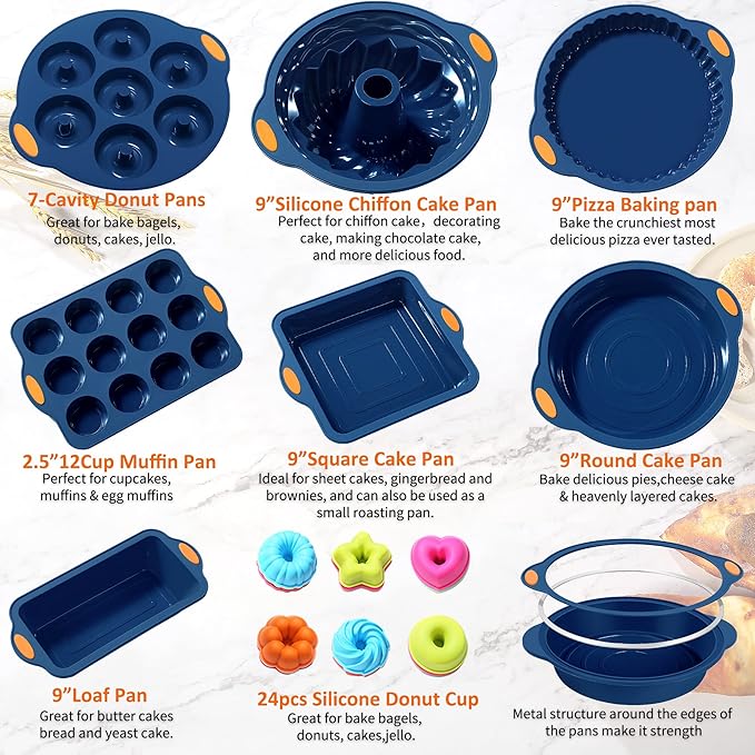 To encounter 31 Pieces Silicone Baking Pans Set, Nonstick Bakeware Sets, Non-Stick Silicone Molds, with Metal Reinforced Frame More Strength, Navy Blue