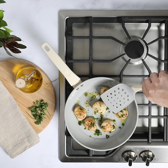 Gibson Home Barnsdall 10 Piece Premium PFA Free Ceramic Nonstick Pots and Pans Aluminum Induction Cookware Set W/Kitchen Tools - Linen White/Grey Non Stick