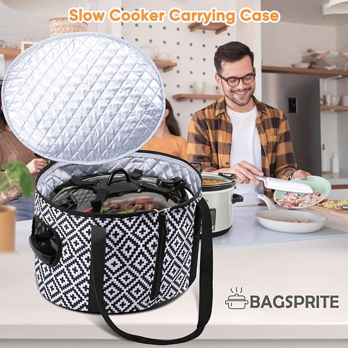 BAGSPRITE Slow Cooker Carrying Case Compatible with 6-8 Quart Crockpot Carrier for Hot Food and Hamlton Beach Slow Cooker Tote with Lid Fastener for Crock-pot Dust Cover Applicances