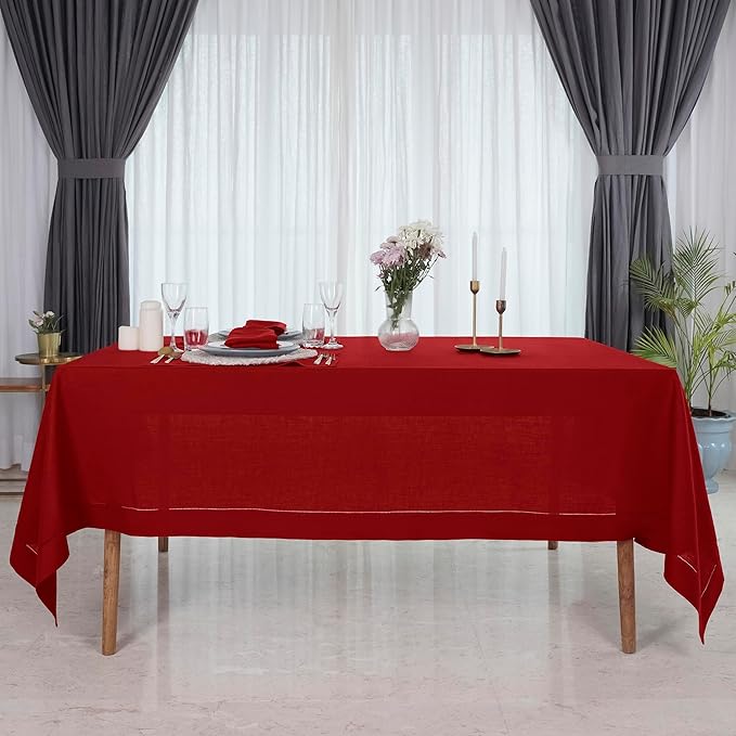 D'Moksha Homes Red Linen Tablecloth 60 x 108 Inch - 100% Pure Linen Red Table Cloth for Rectangle Tables - Classic Hemstitch, Machine Washable Tablecloth for Summer, Fall and Halloween
