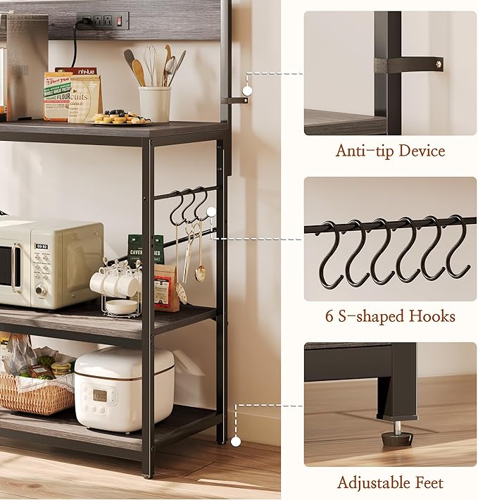SUPERJARE Bakers Rack with Power Outlets, Microwave Stand, 39.4 X 14.3 Inch Larger Desktop, Kitchen Storage Rack with Adjustable Middle Shelf, 6 S-Shaped Hooks, Coffee Bar Stand, Grey