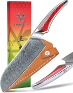 7 inch Santoku Knife, Japanese VG-10 Damascus Steel Chef Knife, Ultra Sharp Kitchen Knife with Full-tang Handle in Red Resin, LA-S9 Series
