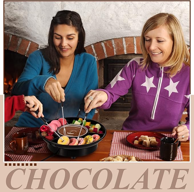 Lallisa Electric Fondue Pot Set, Chocolate Fondue Kit, Electric Fondue Maker, detachable Serving Trays with 4 Roasting Forks, gift Set for Date Night House Warming Melting Parties(Black)