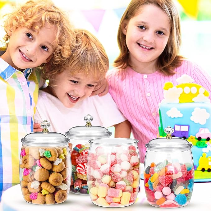 4 Pcs Clear Plastic Candy Jars with Lids, 1/2 Gallon (68oz) Airtight Cookie Containers – Large Apothecary Canisters for Snacks, Wedding Buffet, Kitchen, Home & Bar Décor Halloween Candy Jar