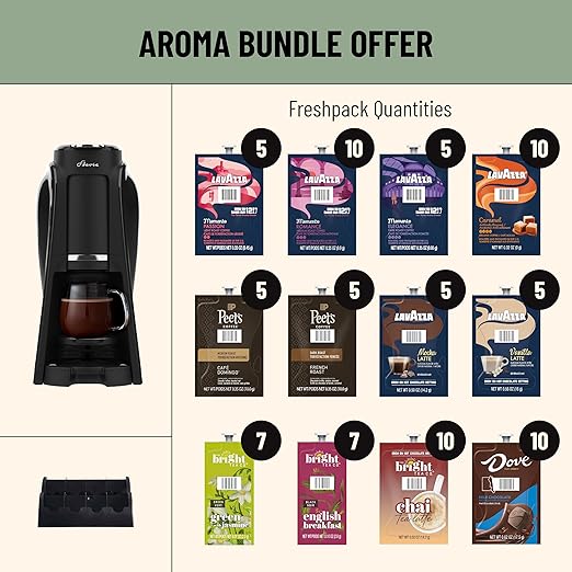 Flavia Aroma Brewer Bundle with 84 Freshpacks and 1 Merchandiser - Coffee Machine, Makes Coffee, Lattes, Tea, and other Hot or Iced Beverages with Single-Serve Freshpacks, Multiple Brew Sizes, Black