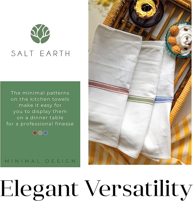 Salt Earth Kitchen Towels Cotton Dish Towel Size 24x14 Inches Set of 12 100% Ring Spun Cotton Absorbent Quick Dry Herringbone Weave Lint Free Washable Dishcloth Hanging Loop Color White & Blue Stripe