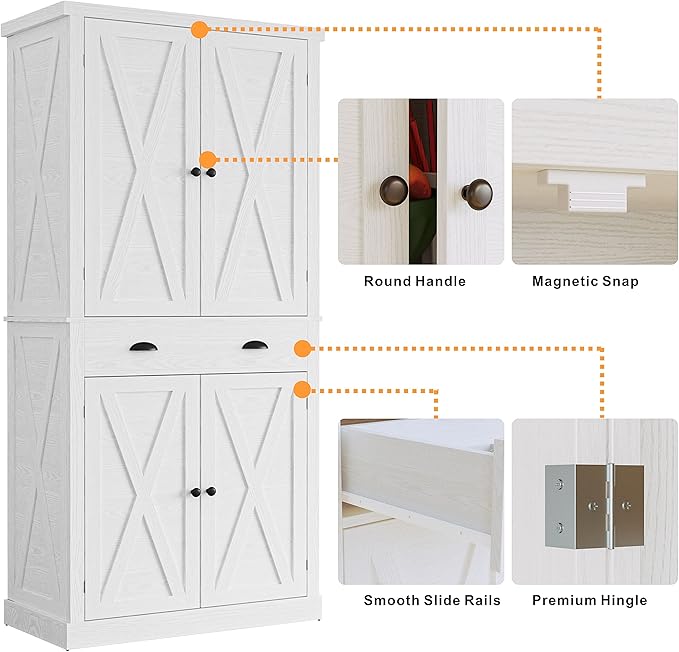 IRONCK Kitchen Pantry Storage Cabinet 72.6" H x 24" W, with Barn Doors, Drawer, 4 Adjustable Shelves, Freestanding Cupboard, Laundry, White