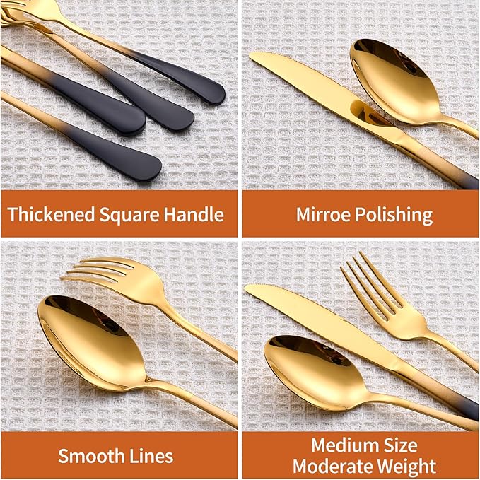 20 Piece Black Gold 18/0 Flatware Utensil Set for 4, Include Dinner Knife,Dinner Forks,Dinner Spoons,Salad Forks,Teaspoons,Silverware Set for 4, Dishwasher Safe